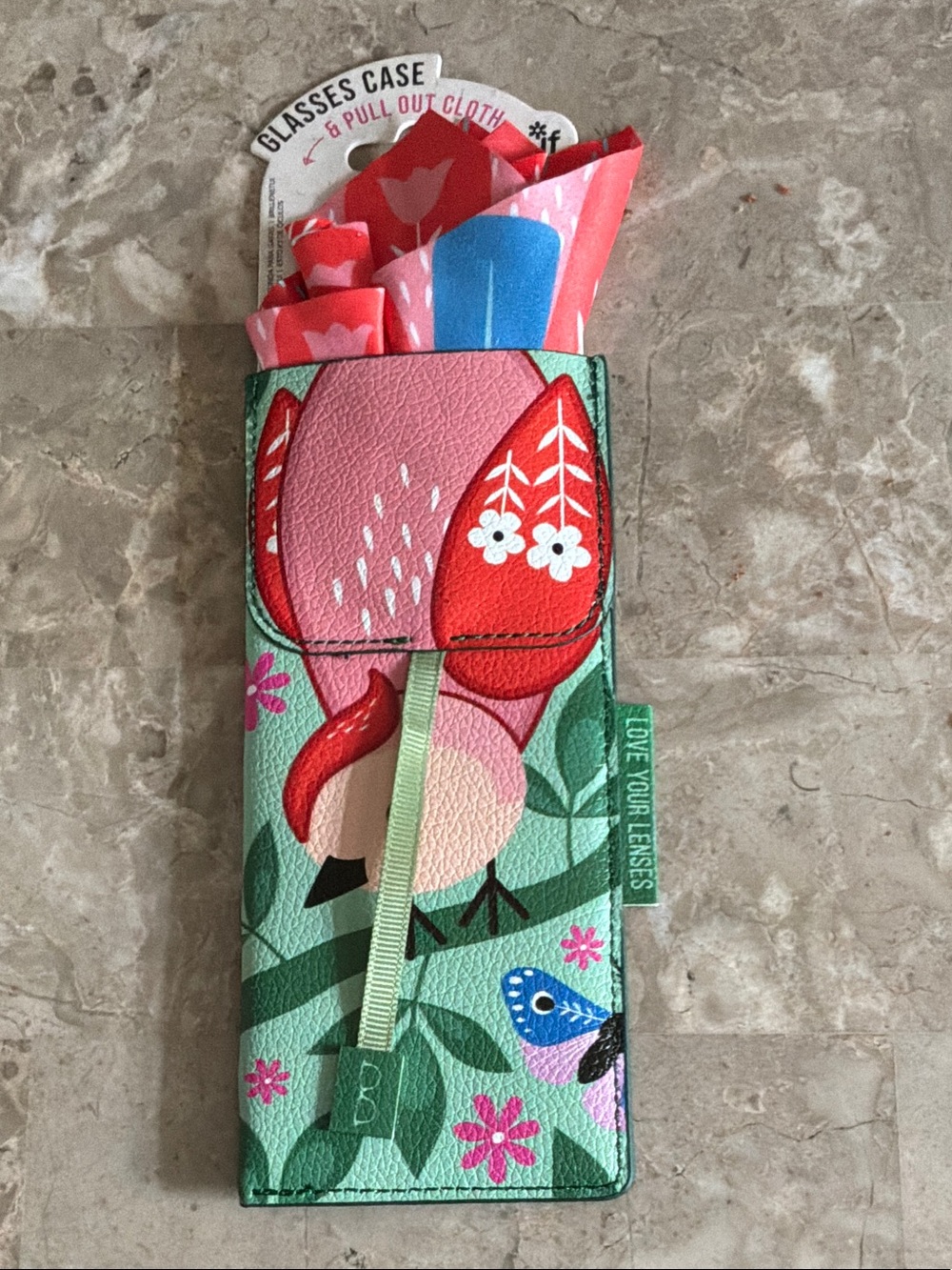 Floral Bird Glasses Case in Mint & Red